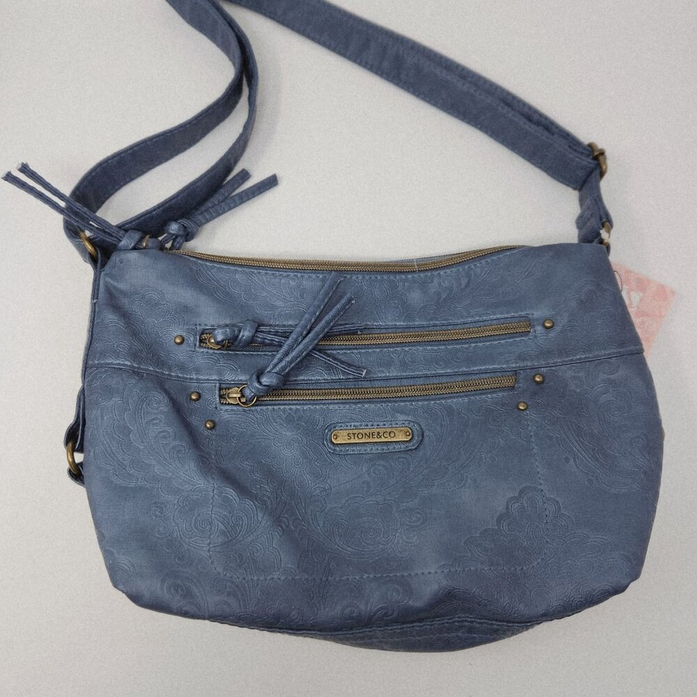 Stone & Co Embossed Smokey Denim Shoulder Bag With Adjustable Strap - Picture 2 of 14